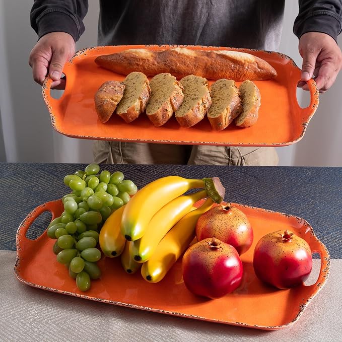 Melamine Serving Tray with Handles, 19“ x 12" Vintage Rustic Large Rectangular - Image 3