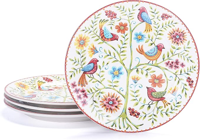 Bico Red Spring Bird Salad Plates Set of 4, 8.75 Inch Ceramic Dessert Plates by Bico