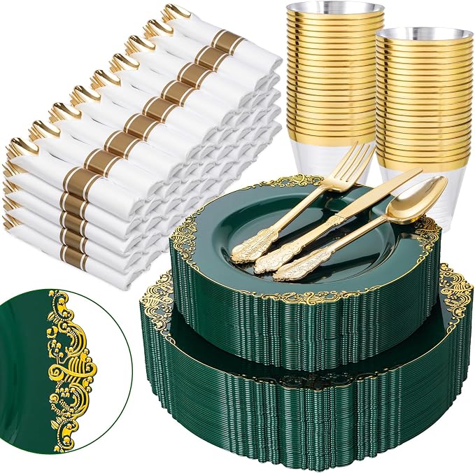 Nervure 350Pcs Green Plastic Plates, Plastic Dinnerware Set by Nervure
