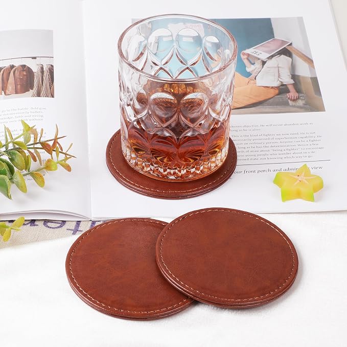 Leather Coasters Set of 6 with Holder, Tabletop Protection, Coffee Table & Bar - Image 3