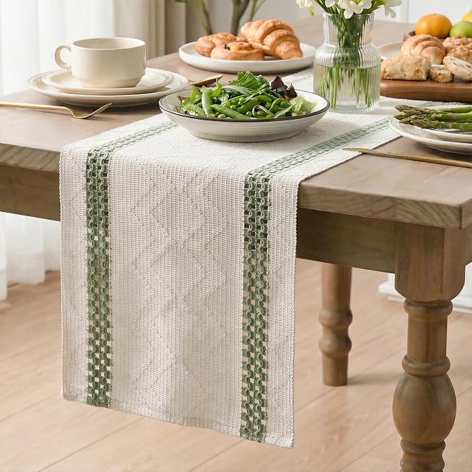 Artoid Mode Sage Green Stripe Woven Rustic Table Runner 12x36 Inch | Holiday - Image 3
