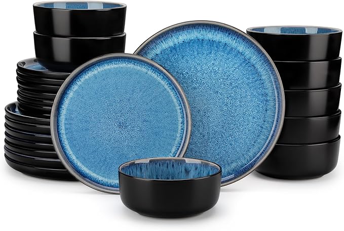 vancasso PLAYA Plates and Bowls Sets, 24 Pieces Blue Dinnerware Sets by vancasso