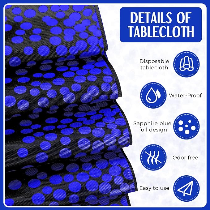 8 Pack Black and Blue Disposable Plastic Tablecloths and Satin Table Runner Set - Image 4