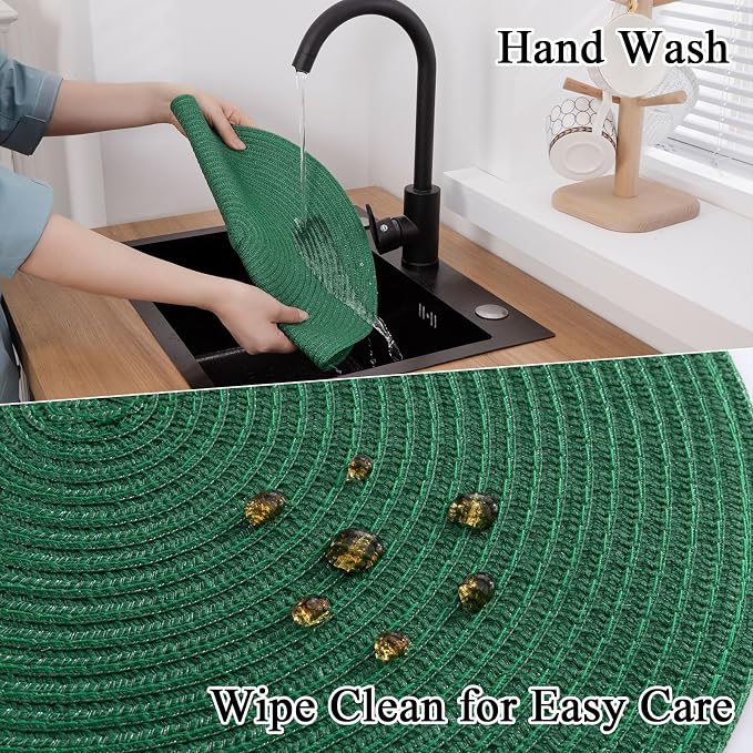 SHACOS Dark Green Round Placemats Set of 6 Cotton Polyester Braided 15 inch - Image 6