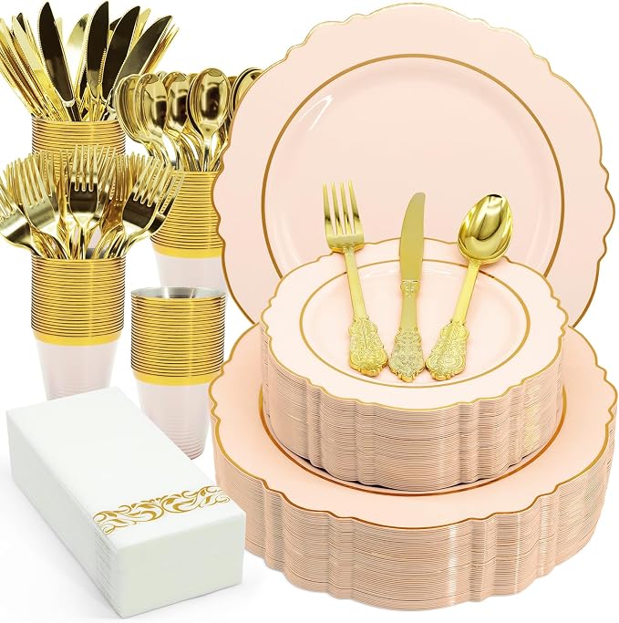 AIRE Pink Gold Plastic Plates Set, leakproof non-bending, heavy-duty leakproof by AIRE