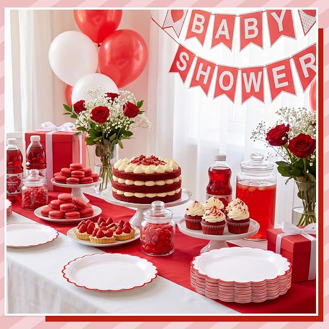NatNarr 30 Pk Red Paper Plates 7" Scalloped Red White Dessert Cake Plates | - Image 6
