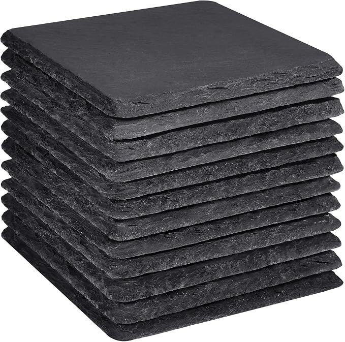 Slate Coasters Set 12, MAPRIAL 4 Inch Square Rustic Black Stone Coasters by MAPRIAL
