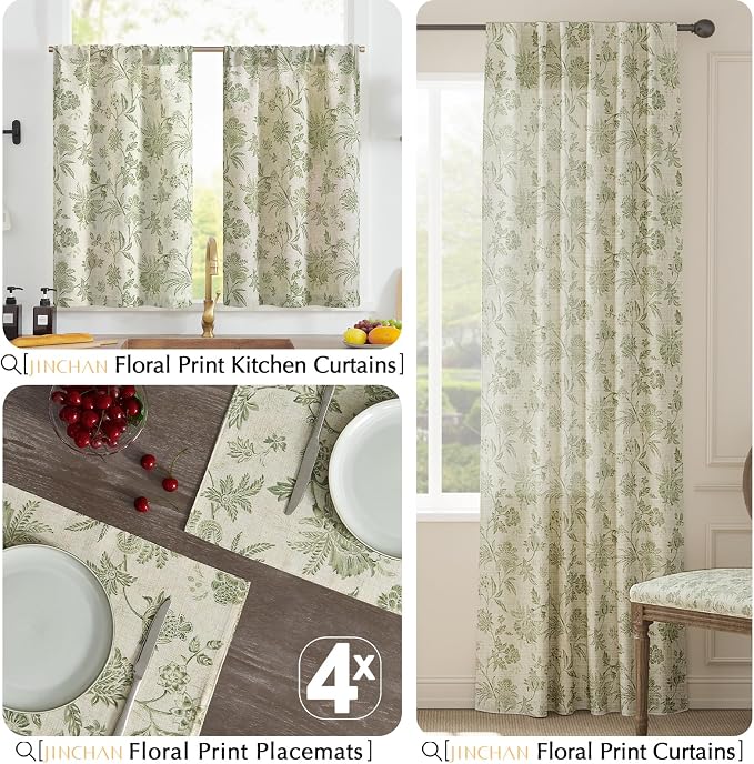 JINCHAN Sliva Linen Floral Placemats Set of 4 Farmhouse 13x19 Sage Green | - Image 8