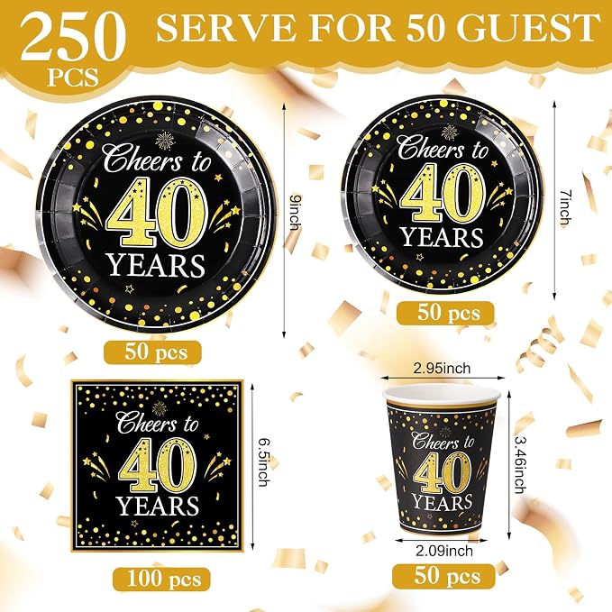 Pickmesh 250 Pcs 40th Birthday Party Supplies Decorations Serve 50 Black Gold - Image 2