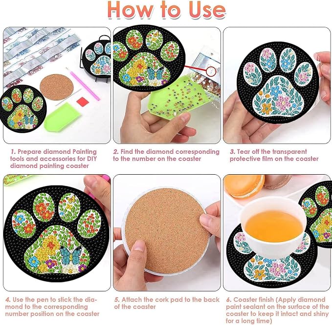 ijbnhd 8 Pcs Flower Diamond Art Coasters Kits 4x4 inch | Dog Paw Diamond - Image 7