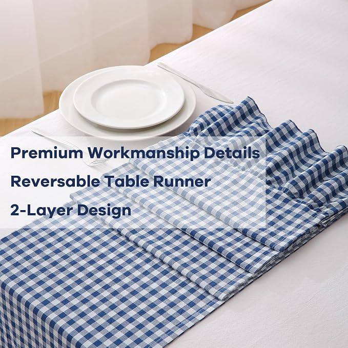 Navy Blue White Plaid Gingham Ruffle Table Runner 108 inches Long 100% Washed - Image 5