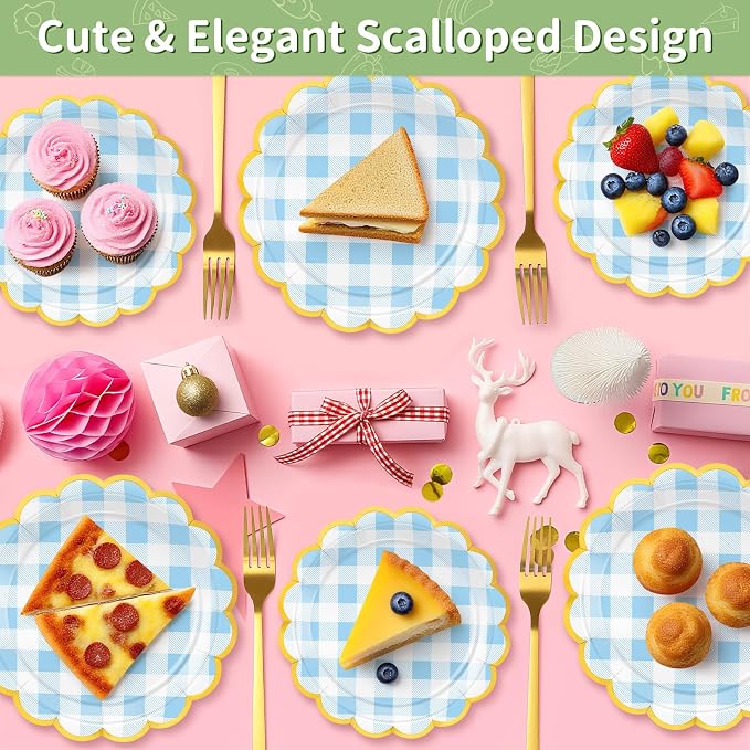 50 Pcs Blue Gingham Paper Plates Disposable, Dessert Cake Plates, - Image 6