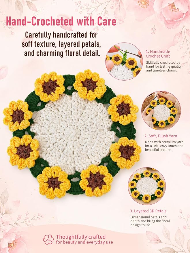 Crochet Flower Bouquet Coasters, Cotton Sunflower Gifts - Image 4