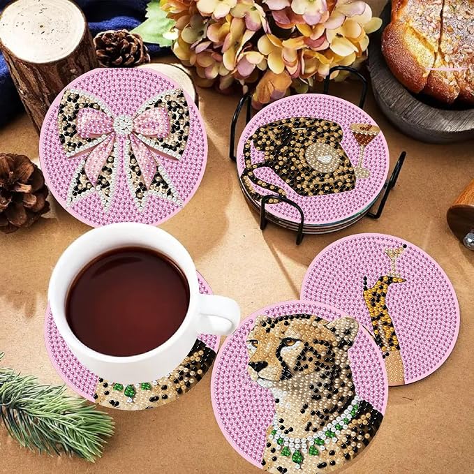 VIGEGU 8 Pack Pink Leopard Diamond Art Coasters Kits- Diamond Painting Coasters - Image 2