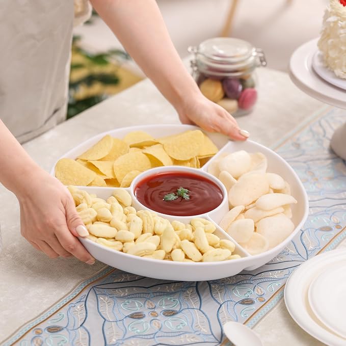 White Chip and Dip Serving Set, Divided Serving Platter Set, 4 Section - Image 4