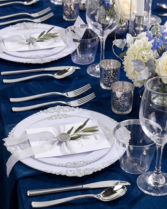 Nervure 600Pcs Silver Plastic Plates, Plastic Dinnerware Set - Image 4