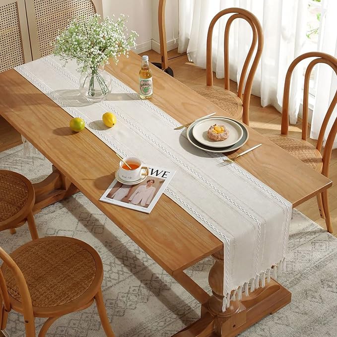 Wracra Rustic Linen Table Runner, Ivory Table Runners 108 inches Long | Raised - Image 7
