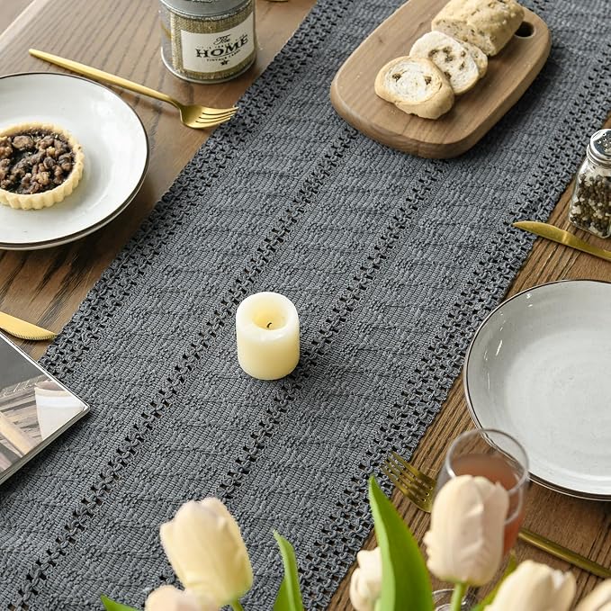 Artoid Mode Dark Grey Woven Farmhouse Hollow Table Runner 12x108 Inch | Holiday - Image 5