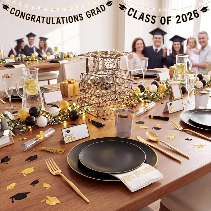 EI 350Pcs Black and Gold Matte Frosted Plastic Plates Disposable Heavy Duty - Image 4