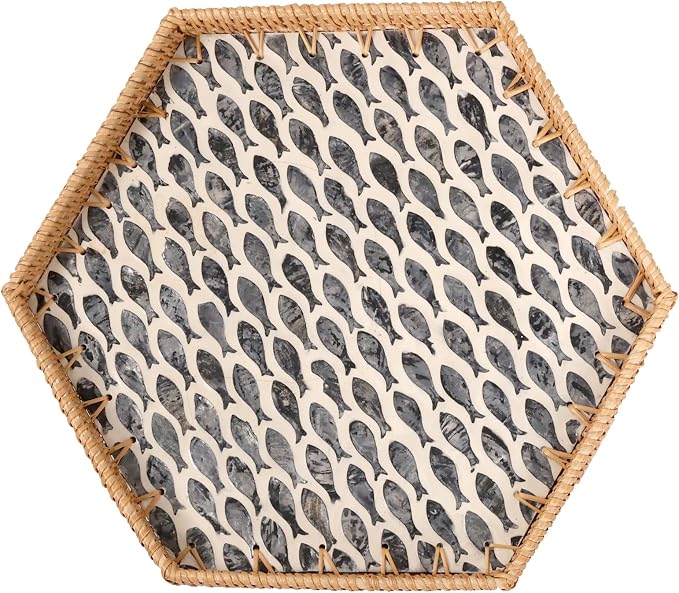 Hexagon Rattan Tray with Mother of Pearl Inlay, Rattan Serving Tray by Tynulox