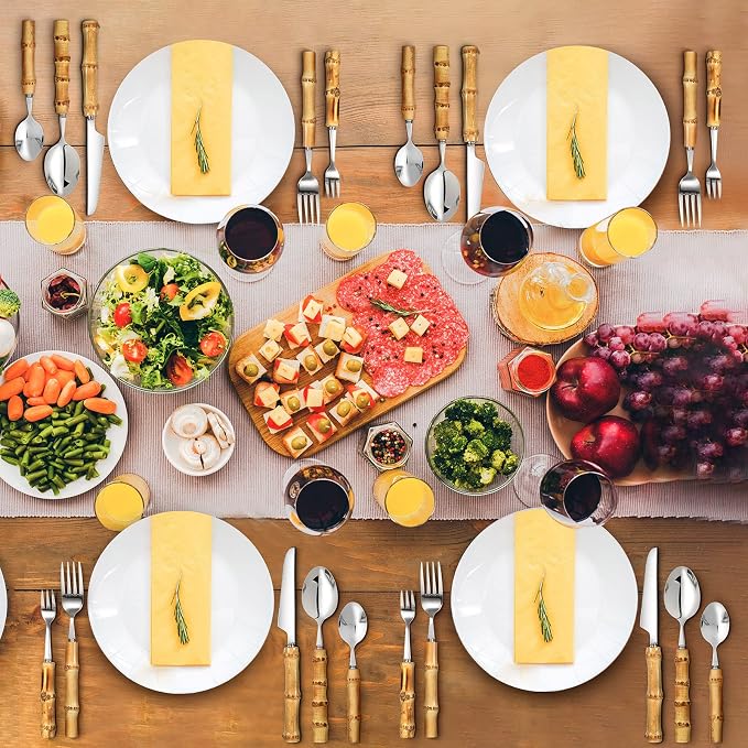 Eboot Bamboo Silverware Set 18/8 Stainless Steel Tableware Set Natural Utensil - Image 6