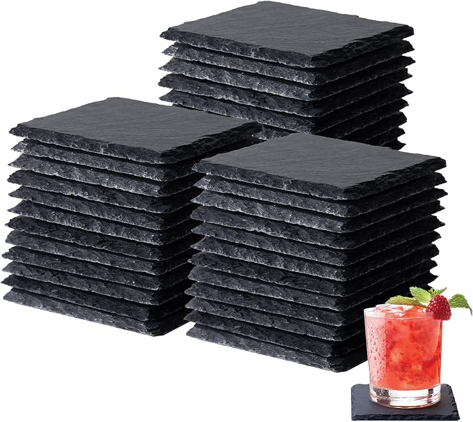 36 PCS Slate Coasters Set, 4 Inch Black Square Stone Coasters Bulk, Laser by Unknown