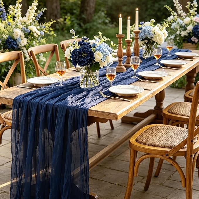 Navy Blue Table Runner, 10FT Rustic Gauze Blue Table Runner 35*120inch Boho - Image 5