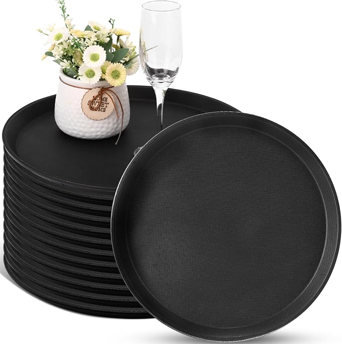 12 Pcs Black Restaurant Serving Trays Bulk Plastic Non Slip Surface Round Drink by Unknown