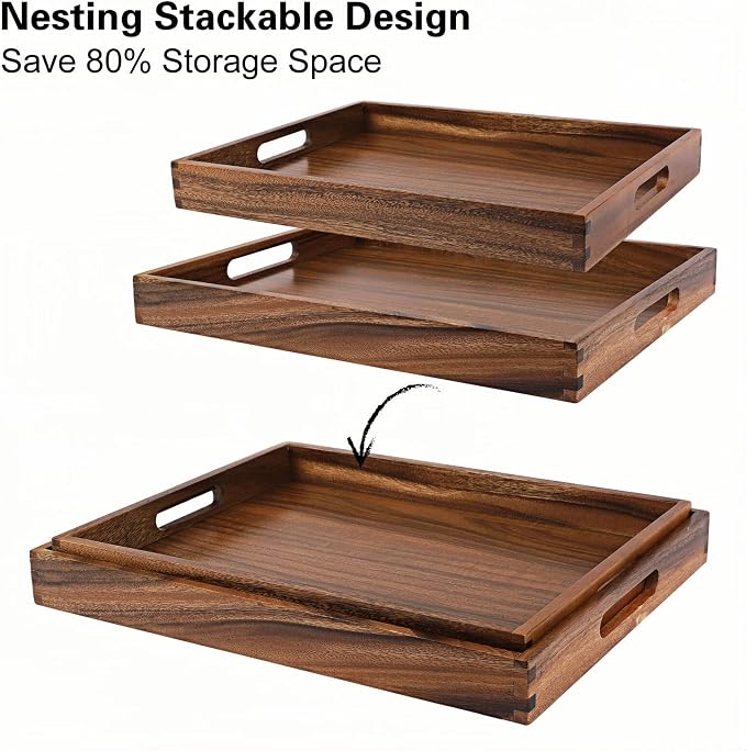 2Pack Acacia Wooden Serving Tray17x12 Nesting Ottoman Trays - Image 2