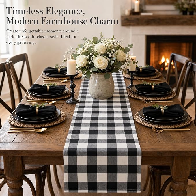 ShinyBeauty Gingham Table Runner 13x72 Black White Buffalo Plaid | Soft Cotton - Image 2