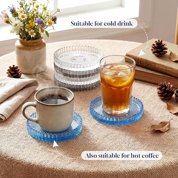6 Pcs Glass Coasters with Holder Clear Drink Coasters Crystal Round Beverage - Image 4