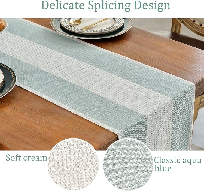 Wracra Linen Table Runner, Stripe Table Runners 72 Inches Long Aque Blue | - Image 3