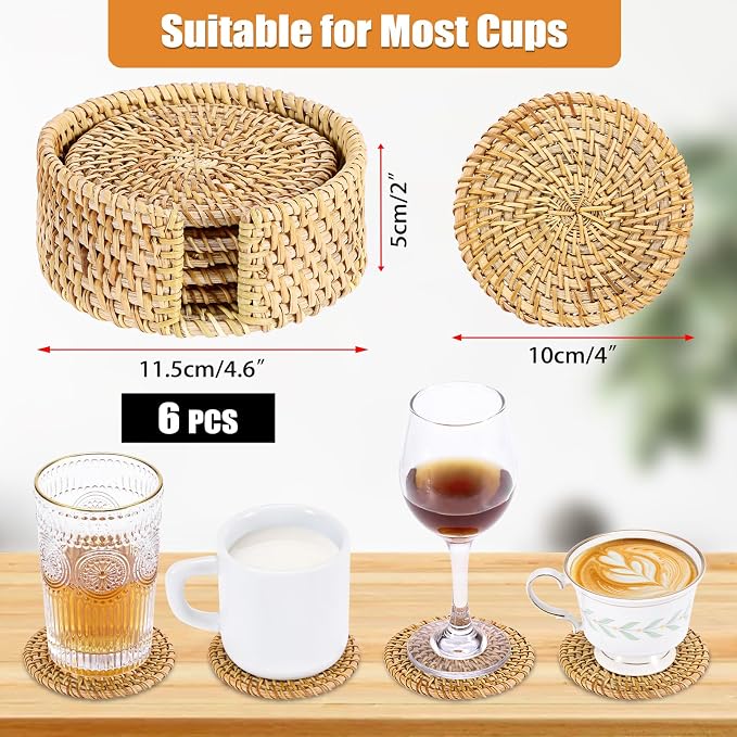 Drink Coasters Set of 6, Handwoven Rattan Coasters - Image 4