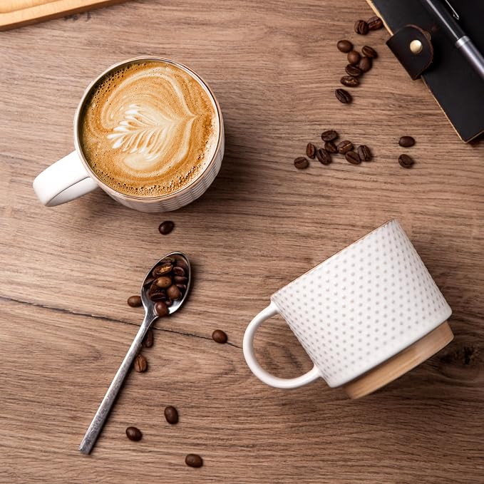 GBhome 12 OZ Stackable Coffee Mugs Set of 4, Ceramic White Coffee Cups Set | - Image 2