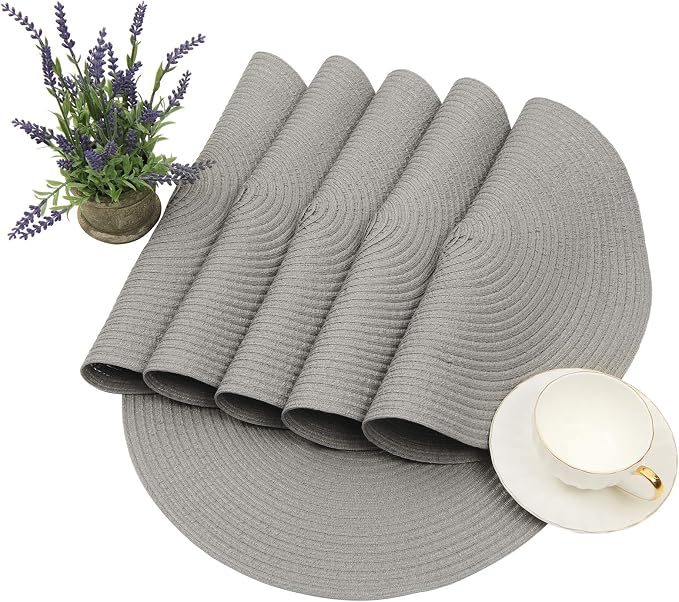 SHACOS Round Braided Placemats Set of 6 Thick Fabric Circle Grey Place Mats - Image 3