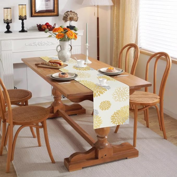 Yellow Gray Table Runner Dahlia Pinnata Flower Beige Table Runners Modern - Image 2
