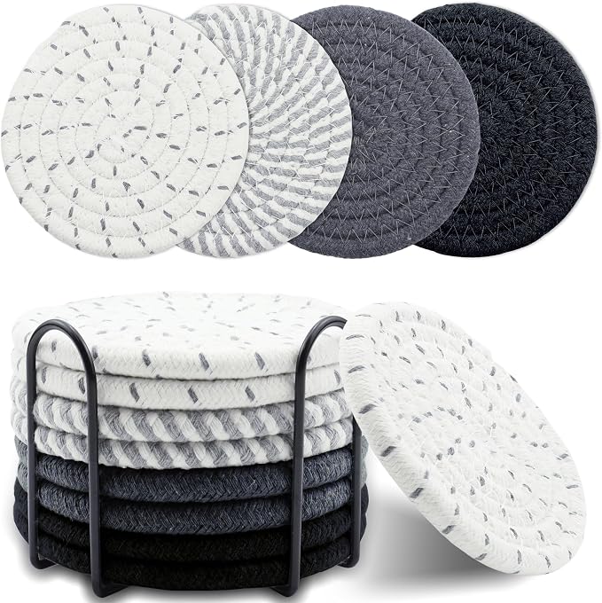 8 Pcs Drink Coasters with Holder, Minimalist Cotton Woven Coaster Set, 4 Colors by Unknown