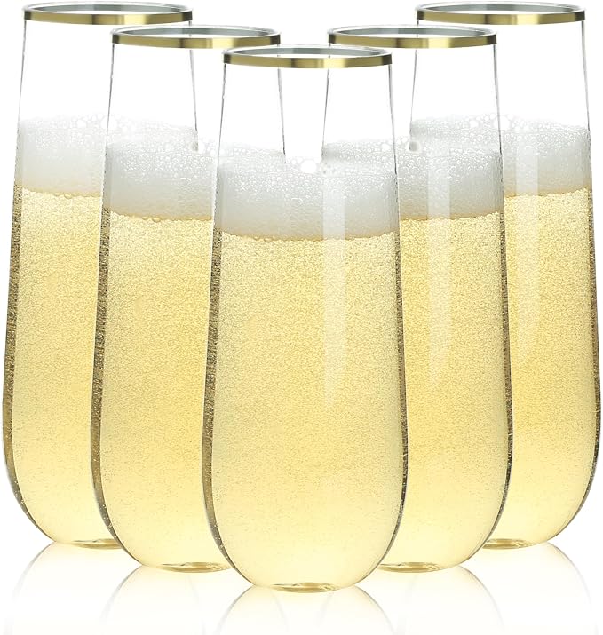 Bestluck 36 Pack 9 oz Stemless Plastic Champagne Flutes Gold Rim | Clear by Bestluck
