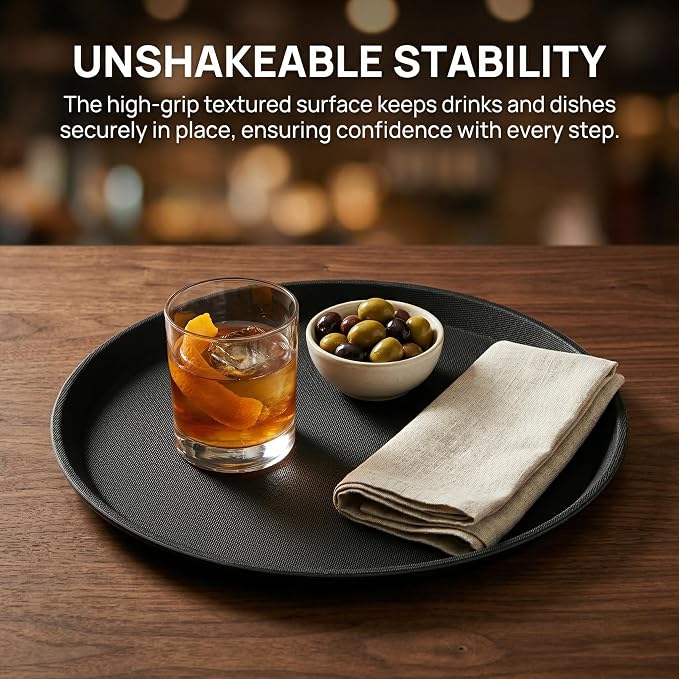 TOPZEA 3 Pack Restaurant Serving Trays, 11 Inch Fiberglass Black Round Tray Non - Image 3