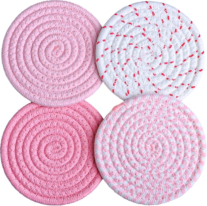 4.8 Inch Drink Coasters Set of 4, Large Fabric Cotton Coasters, Cute Girly by HIYALOT