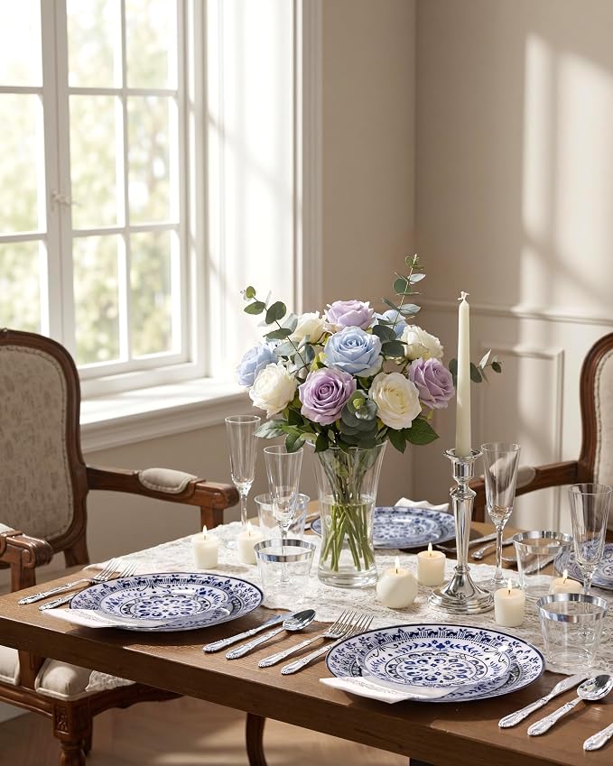 Blue Plastic Plates, Floral Disposable Plates, 10.25" dinner & 7.5" dessert - Image 2