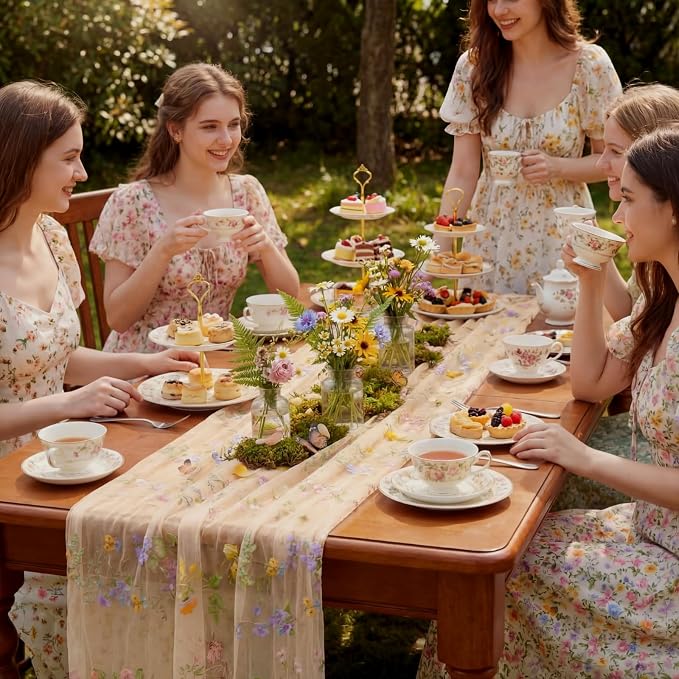 Champagne Floral Table Runner 10ft Embroidery Tulle Spring Wildflower Table - Image 3