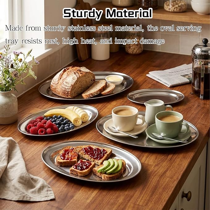 4 Pcs Stainless Steel Serving Tray, 11.8" 12.6" 13.4" 15.7" Heavy Duty Metal - Image 2