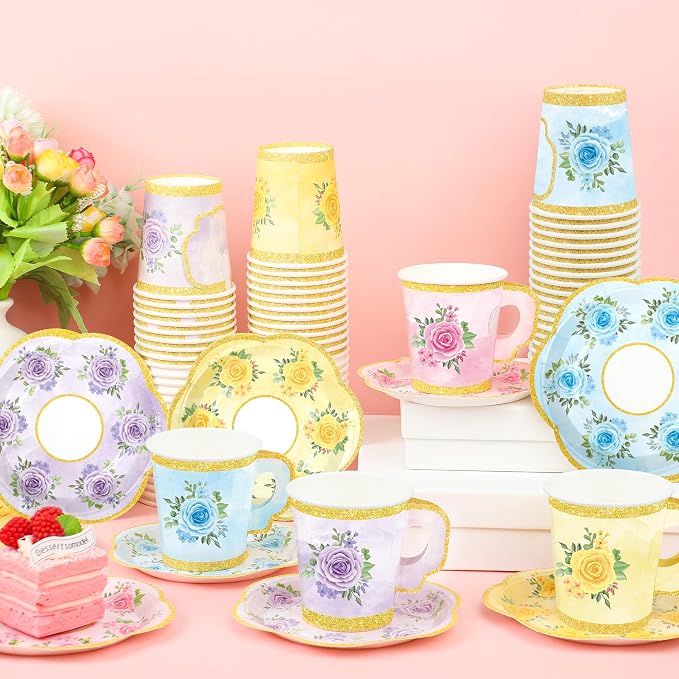48 Sets Floral Paper Tea Cups and Saucers Disposable Tea Party Supplies - Image 6