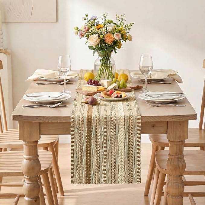Artoid Mode Coffee Farmhouse Stripe Braided Table Runner 12x60 Inch | Holiday - Image 2