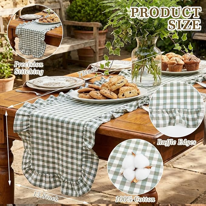 HunnmingRe 1 Pc Gingham Table Runner Green, 72 X 13.8 Inch | Cotton Dresser - Image 2