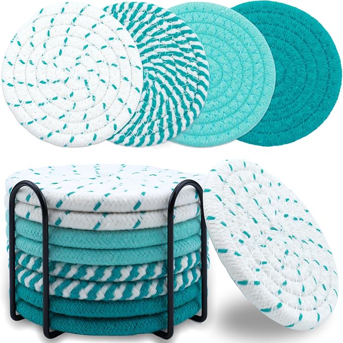 8 Pcs Drink Coasters with Holder, Minimalist Cotton Woven Coaster Set, 4 Colors by Unknown
