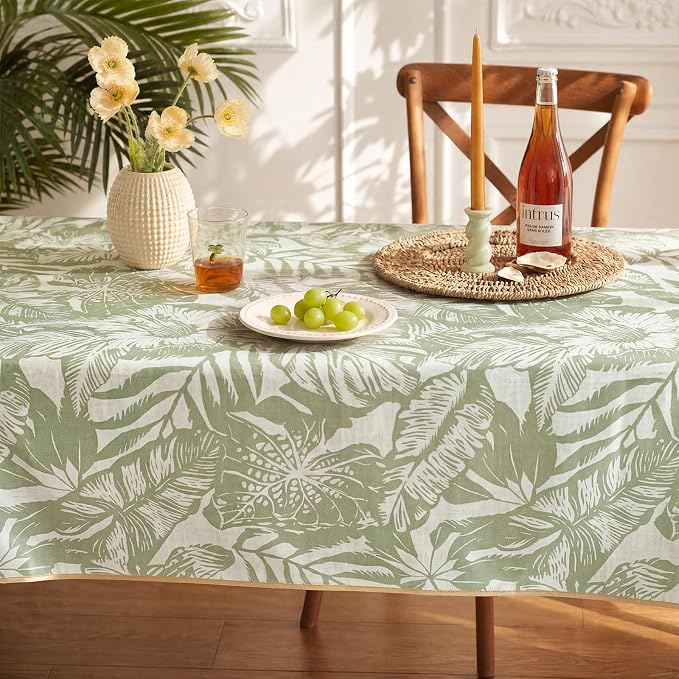 jinchan Green Tropical Floral Linen Rectangle Table Cloth 50x70 | Tropical - Image 8