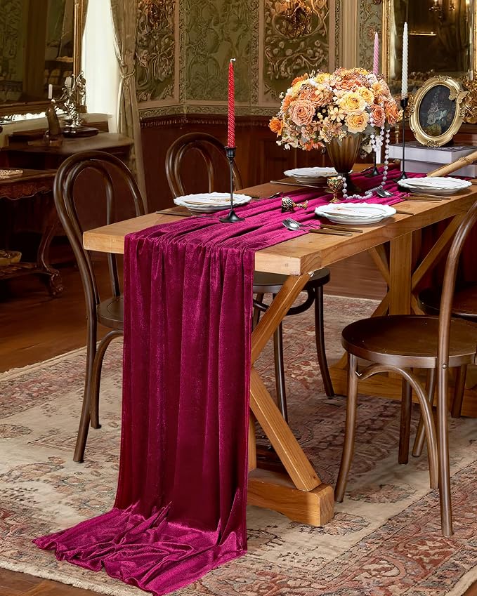 Burgundy Velvet Table Runner 29x120 Inch Luxury Retro Christmas Runners | 10ft - Image 3