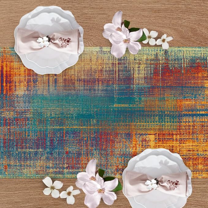 Vintage Blue Orange Dining Table Runner, Retro Abstract Messy Rust | Painting - Image 2